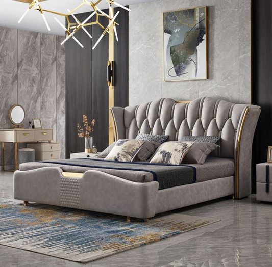 Light Gray Upholstered Tufted King Bed with Wingback Headboard