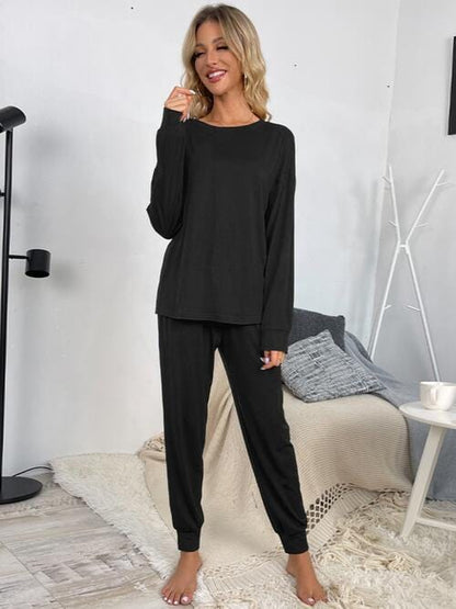 Round Neck Top and Drawstring Pants Lounge Set - CLASSY CLOSET BOUTIQUE