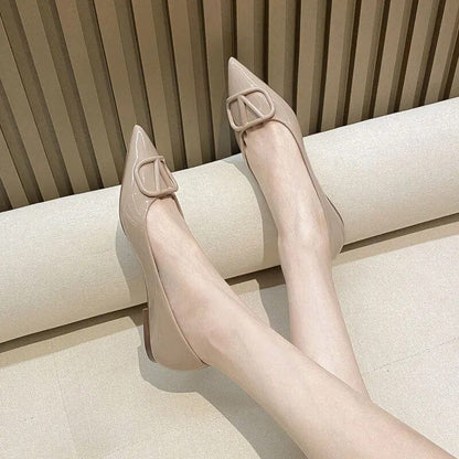 Pointed Metal V-Buckle Lacquer Leather Nude Flat Bottom Shallow Mouth Celebrity Style Flat Heel Banquet S - CLASSY CLOSET BOUTIQUE