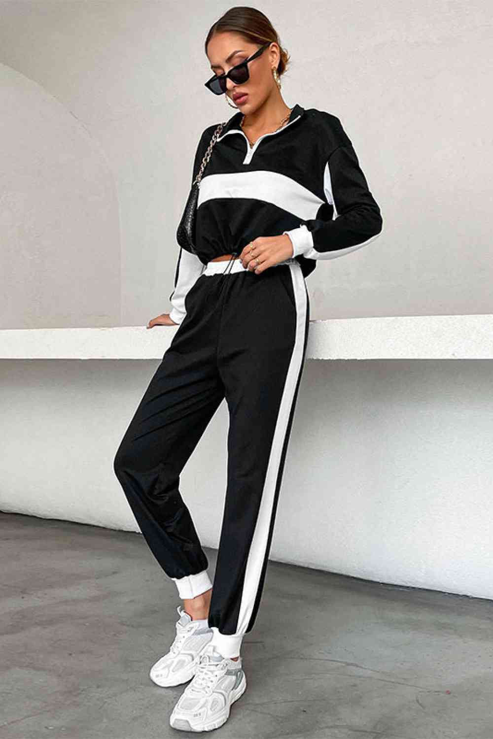 Striped Half Zip Cropped Sweatshirt and Joggers Set - CLASSY CLOSET BOUTIQUE