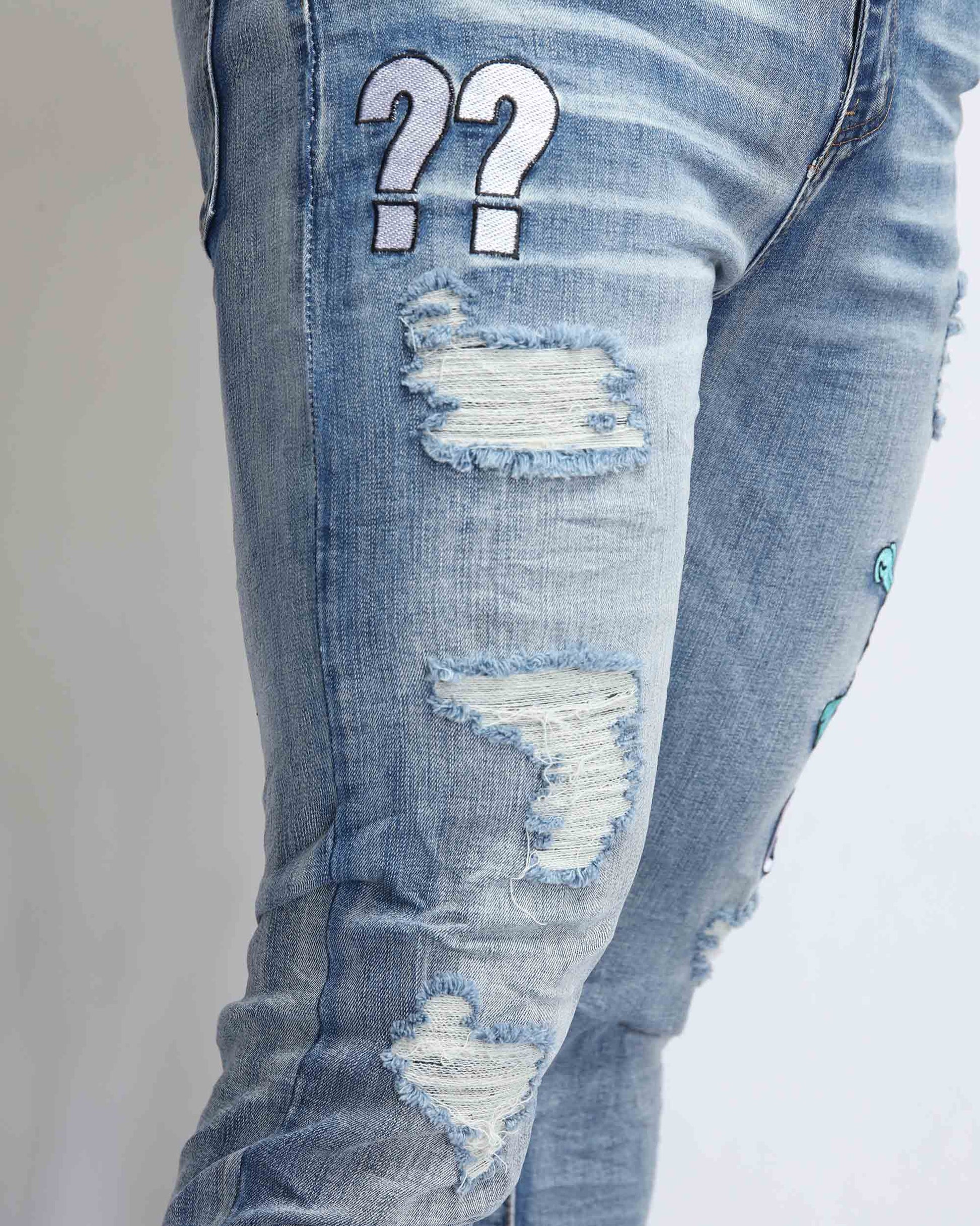 Light Wash Ripped BlueJeans with Skull Embroidered - CLASSY CLOSET BOUTIQUE