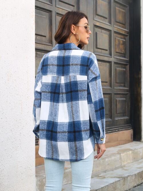 Plaid Button Up Collared Neck Long Sleeve Shirt - CLASSY CLOSET BOUTIQUE