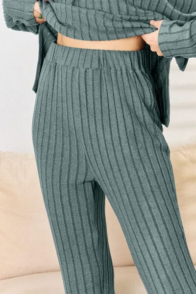 Basic Bae Full Size Ribbed Drawstring Hood Top and Straight Pants Set - CLASSY CLOSET BOUTIQUE