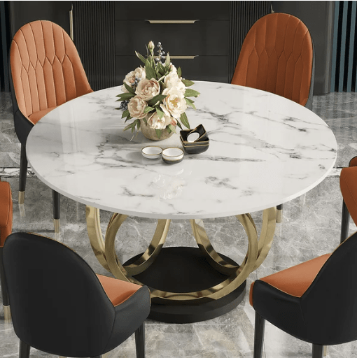 53.1" Contemporary Round Dining Table Set of 7 with Upholstered Chairs - CLASSY CLOSET BOUTIQUE53.1" Contemporary Round Dining Table Set of 7 with Upholstered Chairsdining set215981446342159814463453.1"Dia x 29.5"Hwhite & gold