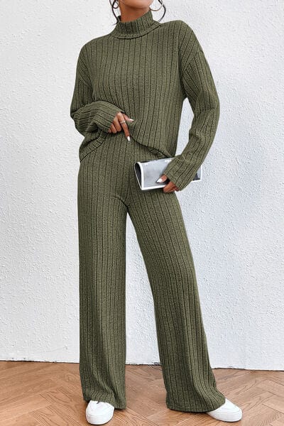 Ribbed Mock Neck Top and Pants Set - CLASSY CLOSET BOUTIQUE