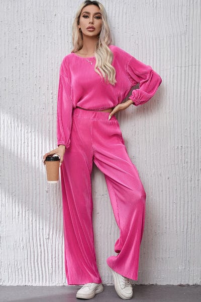 Ribbed Round Neck Top and Pants Set - CLASSY CLOSET BOUTIQUE
