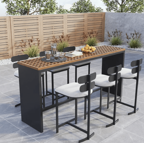 7 Pieces Rectangle Outdoor Patio Bar Dining Set with Teak Table and Chairs for 6 Person - CLASSY CLOSET BOUTIQUE7 Pieces Rectangle Outdoor Patio Bar Dining Set with Teak Table and Chairs for 6 PersonHW6S383L16HW6S383L16