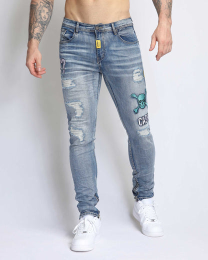 Light Wash Ripped BlueJeans with Skull Embroidered - CLASSY CLOSET BOUTIQUE