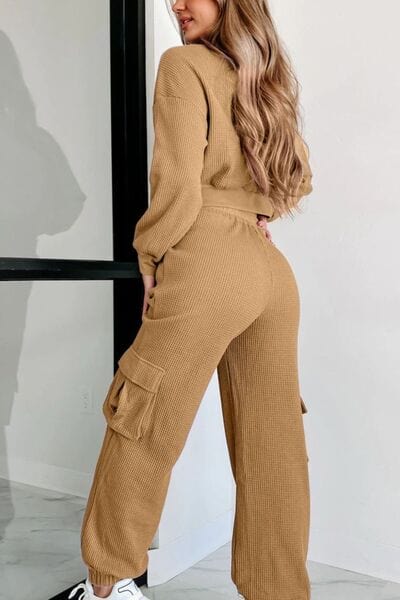 Waffle-knit Top and Drawstring Joggers Set - CLASSY CLOSET BOUTIQUE