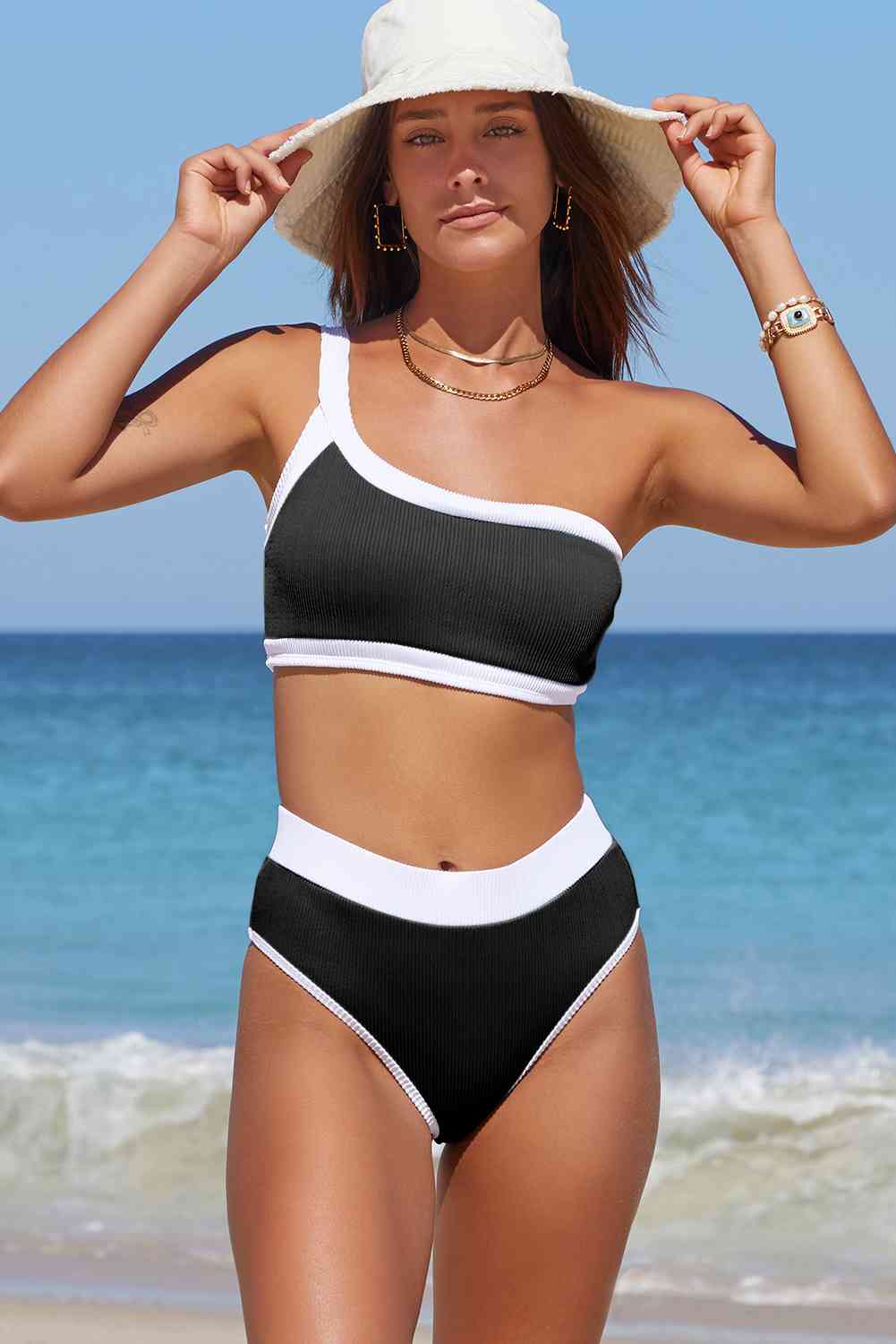 Contrast Trim Ribbed One-Shoulder Bikini Set - CLASSY CLOSET BOUTIQUE