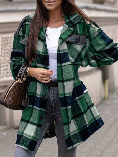 Pocketed Plaid Button Up Dropped Shoulder Shacket - CLASSY CLOSET BOUTIQUE