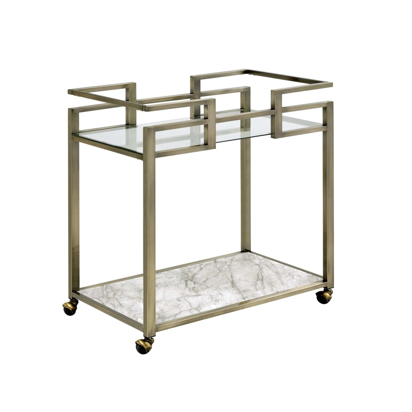 ACME Neilo Serving Cart in Clear Glass, Faux Marble & Wire Brass Finish AC00159 - CLASSY CLOSET BOUTIQUEACME Neilo Serving Cart in Clear Glass, Faux Marble & Wire Brass Finish AC00159AC00159