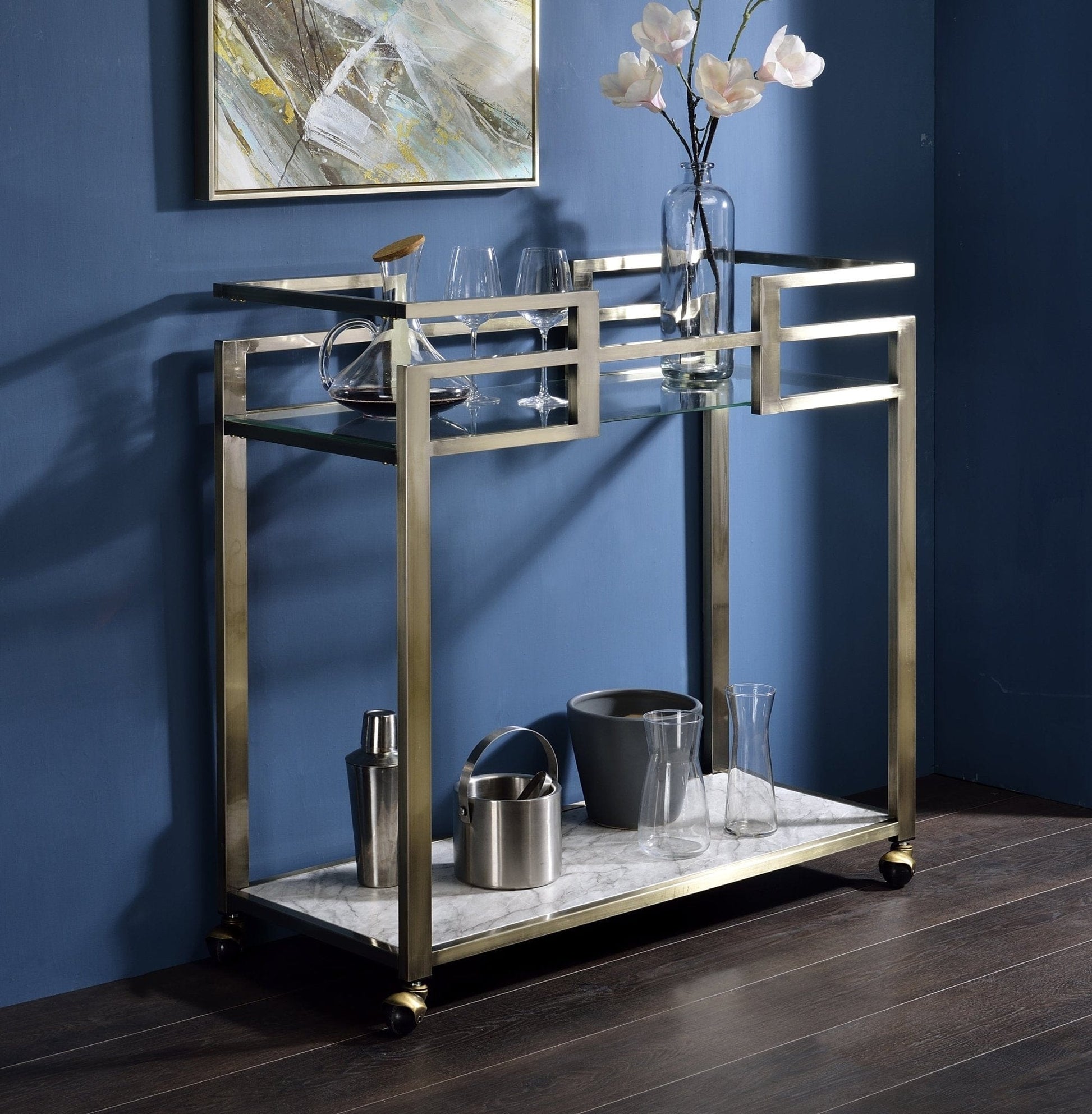 ACME Neilo Serving Cart in Clear Glass, Faux Marble & Wire Brass Finish AC00159 - CLASSY CLOSET BOUTIQUEACME Neilo Serving Cart in Clear Glass, Faux Marble & Wire Brass Finish AC00159AC00159