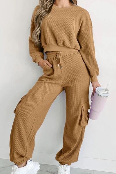 Waffle-knit Top and Drawstring Joggers Set - CLASSY CLOSET BOUTIQUE