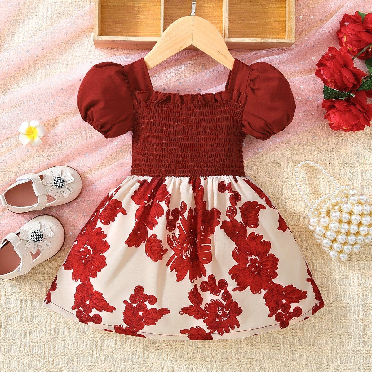 Baby Girl Floral Frill Trim Square Neck Smocked Dress - CLASSY CLOSET BOUTIQUEBaby Girl Floral Frill Trim Square Neck Smocked Dresschildren100900179261020100900179261020Deep Red3-6M