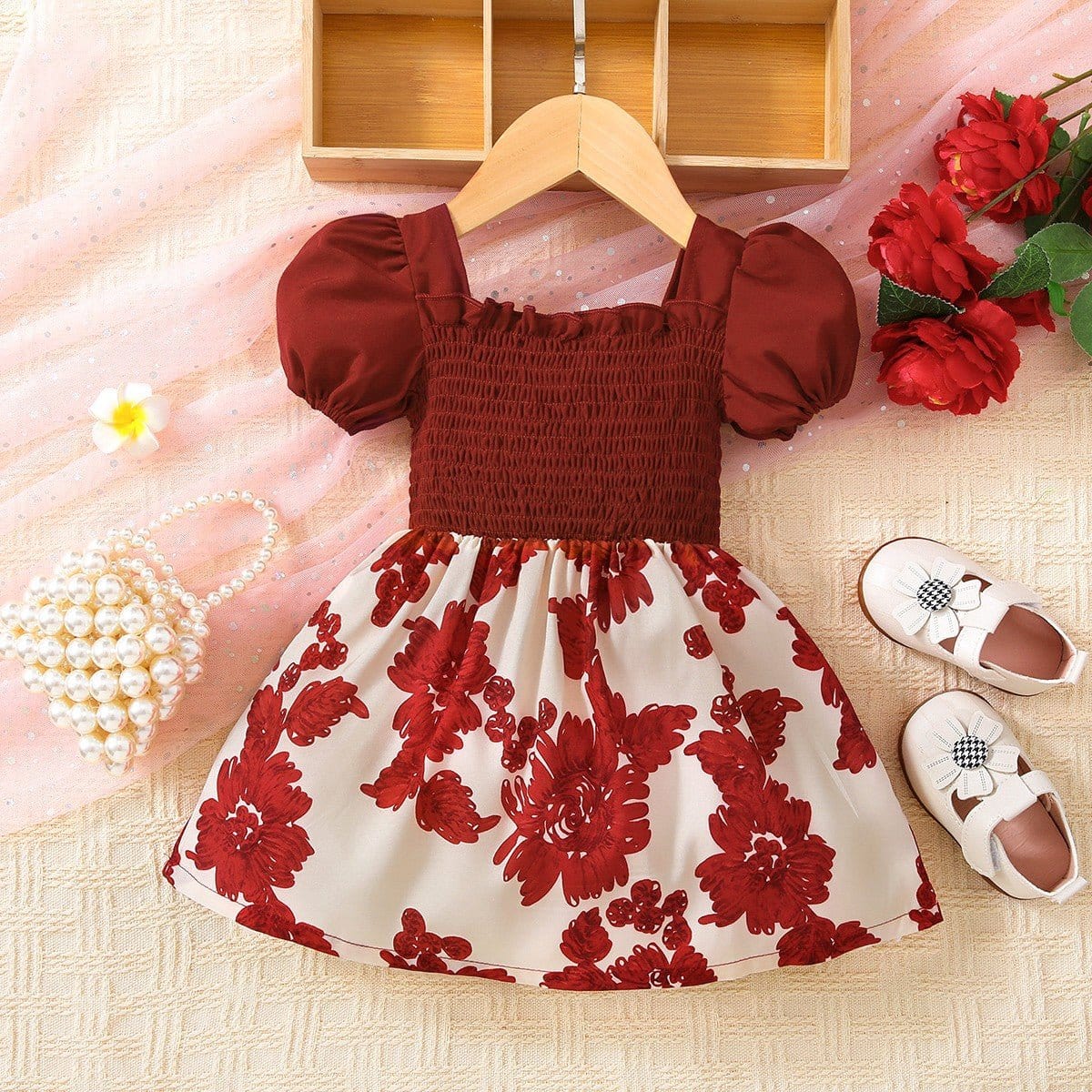 Baby Girl Floral Frill Trim Square Neck Smocked Dress - CLASSY CLOSET BOUTIQUEBaby Girl Floral Frill Trim Square Neck Smocked Dresschildren100900179261020100900179261020Deep Red3-6M