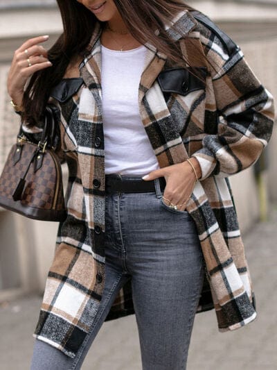 Pocketed Plaid Button Up Dropped Shoulder Shacket - CLASSY CLOSET BOUTIQUE