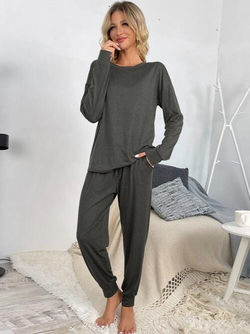 Round Neck Top and Drawstring Pants Lounge Set - CLASSY CLOSET BOUTIQUE