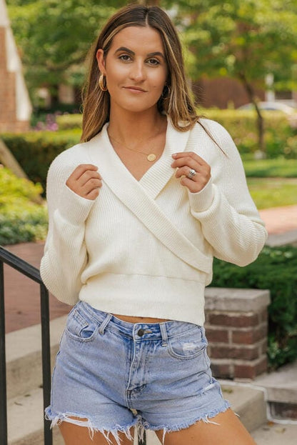 Surplice Ribbed Long Sleeve Cropped Knit Top - CLASSY CLOSET BOUTIQUE
