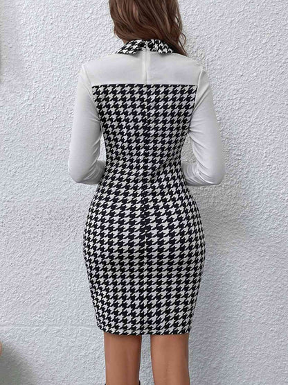 Houndstooth Collared Long Sleeve Dress - CLASSY CLOSET BOUTIQUE