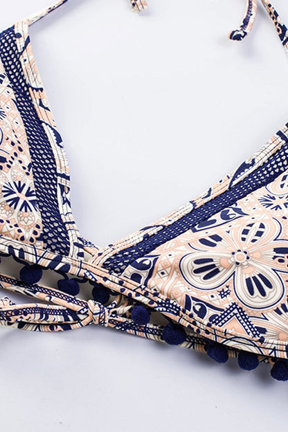 Printed Pompom Detail Halter Neck Two-Piece Bikini Set - CLASSY CLOSET BOUTIQUE