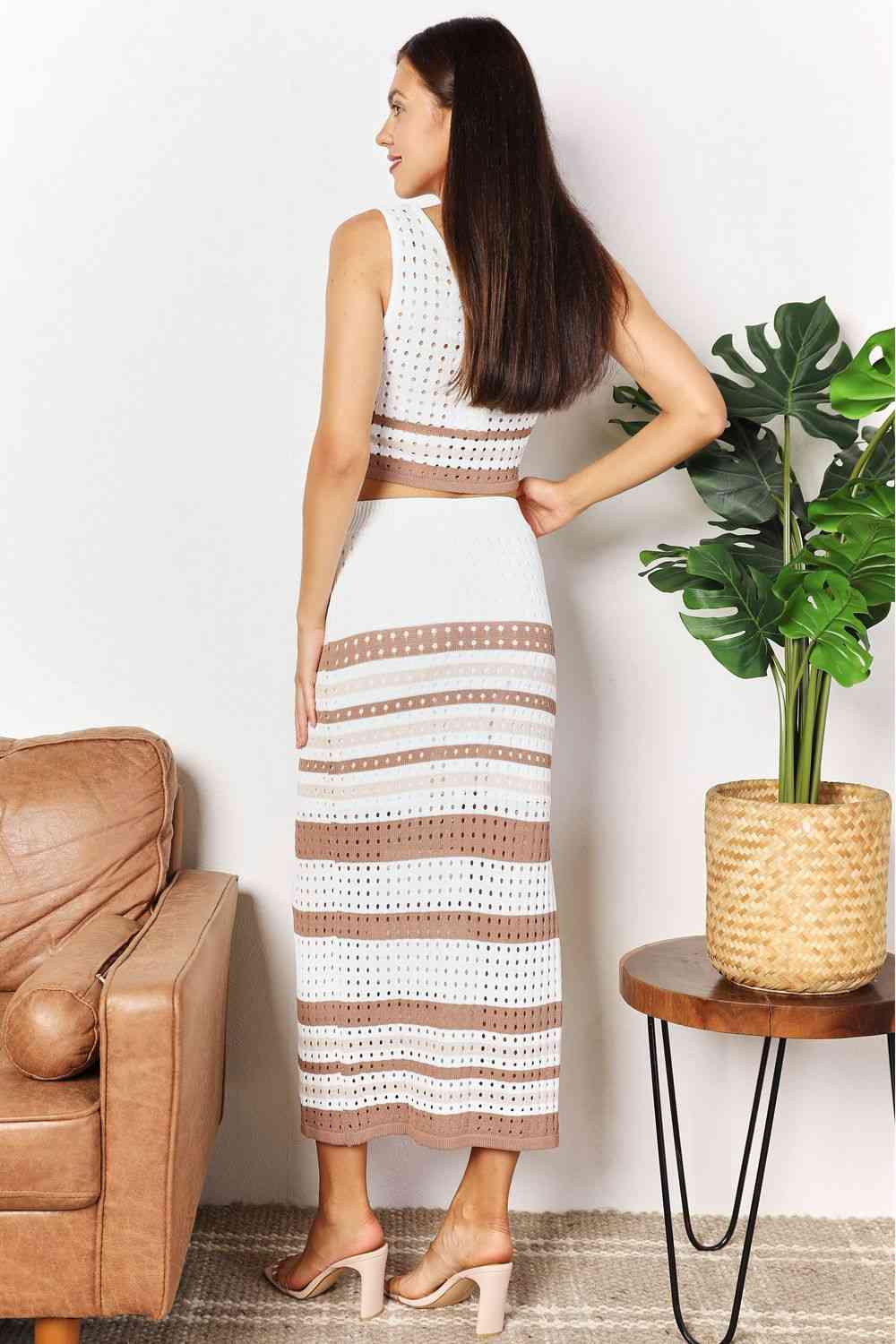 Double Take Striped Openwork Cropped Tank and Split Skirt Set - CLASSY CLOSET BOUTIQUE