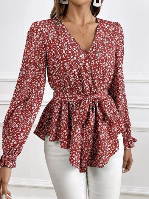 Printed V-Neck Tie Front Flounce Sleeve Blouse - CLASSY CLOSET BOUTIQUE