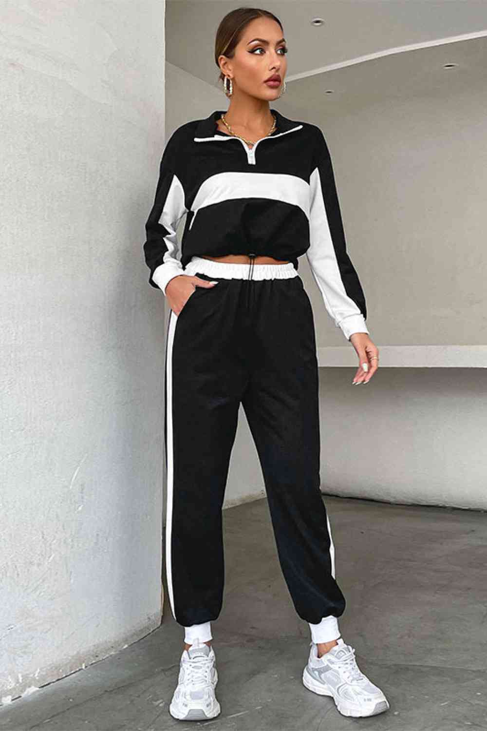 Striped Half Zip Cropped Sweatshirt and Joggers Set - CLASSY CLOSET BOUTIQUE