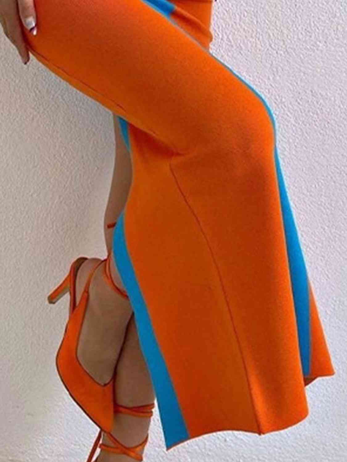 Contrast Wide Strap Slit Midi Dress - CLASSY CLOSET BOUTIQUE