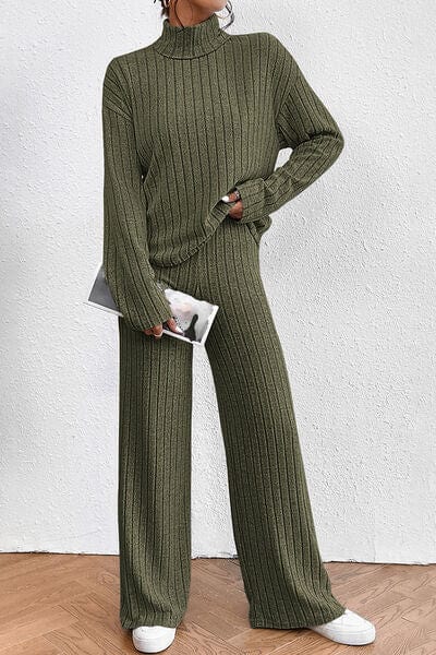 Ribbed Mock Neck Top and Pants Set - CLASSY CLOSET BOUTIQUE