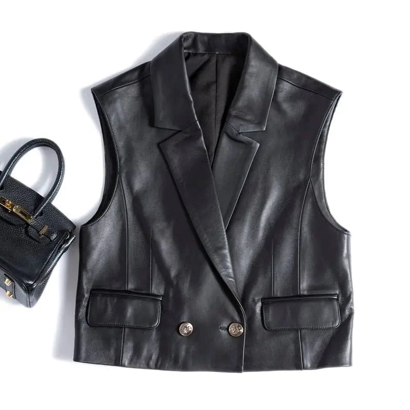 French Fashion Genuine Leather Vest For Women Female Loose Sleeveless Jacket Soft Chic Gilet Short Suit - CLASSY CLOSET BOUTIQUEFrench Fashion Genuine Leather Vest For Women Female Loose Sleeveless Jacket Soft Chic Gilet Short SuitApparel & Accessories132A85EF1E6447FE9DED7BE1CF699E47BlackM