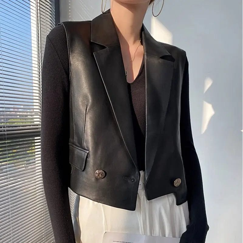 French Fashion Genuine Leather Vest For Women Female Loose Sleeveless Jacket Soft Chic Gilet Short Suit - CLASSY CLOSET BOUTIQUEFrench Fashion Genuine Leather Vest For Women Female Loose Sleeveless Jacket Soft Chic Gilet Short SuitApparel & AccessoriesC2BDB869289F473589372BED468F9B28BlackS