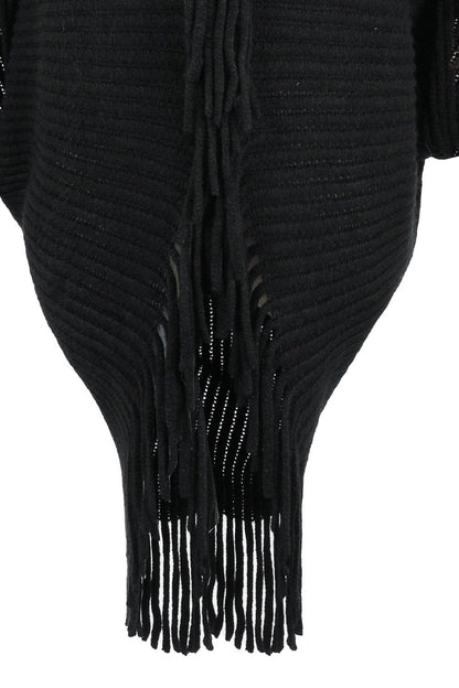 Fringe Detail Long Sleeve Ribbed Poncho - CLASSY CLOSET BOUTIQUEFringe Detail Long Sleeve Ribbed Ponchoouterwear100100618880314100100618880314BlackOne Size