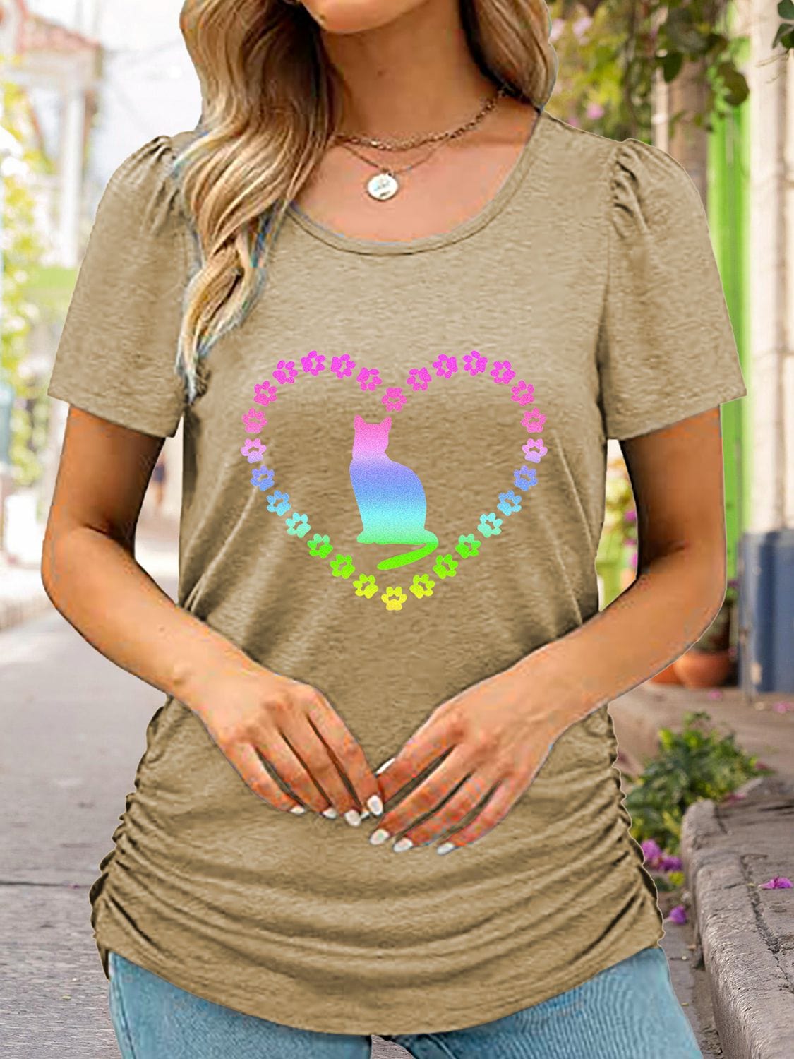 Full Size Cat Heart Graphic Short Sleeve T-Shirt - CLASSY CLOSET BOUTIQUEFull Size Cat Heart Graphic Short Sleeve T-Shirttops100101532912951100101532912951TanS