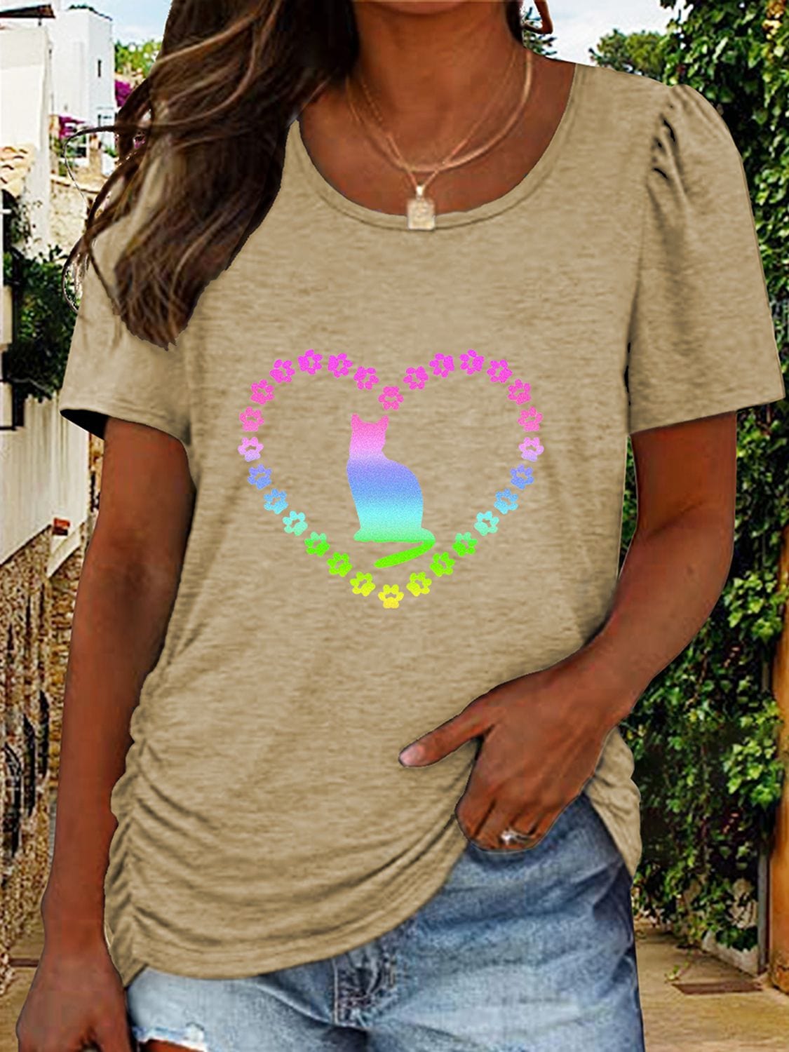 Full Size Cat Heart Graphic Short Sleeve T-Shirt - CLASSY CLOSET BOUTIQUEFull Size Cat Heart Graphic Short Sleeve T-Shirttops100101532912951100101532912951TanS