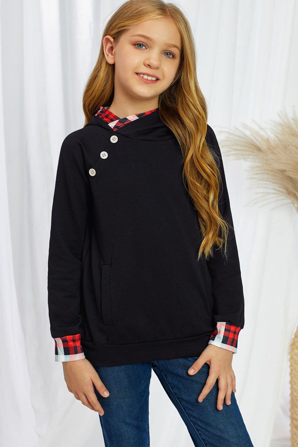 Girls Plaid Decorative Button Hoodie with Pockets - CLASSY CLOSET BOUTIQUEGirls Plaid Decorative Button Hoodie with Pocketschildren100100464388865100100464388865Black4Y-5Y