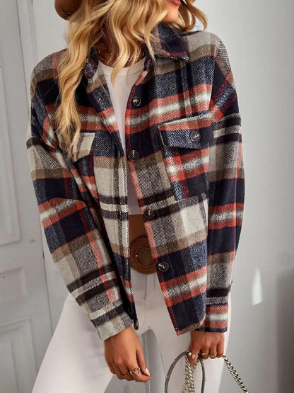 Plaid Button Front Brushed Shacket with Breast Pockets - CLASSY CLOSET BOUTIQUEPlaid Button Front Brushed Shacket with Breast Pocketstops100100461740262NavyS