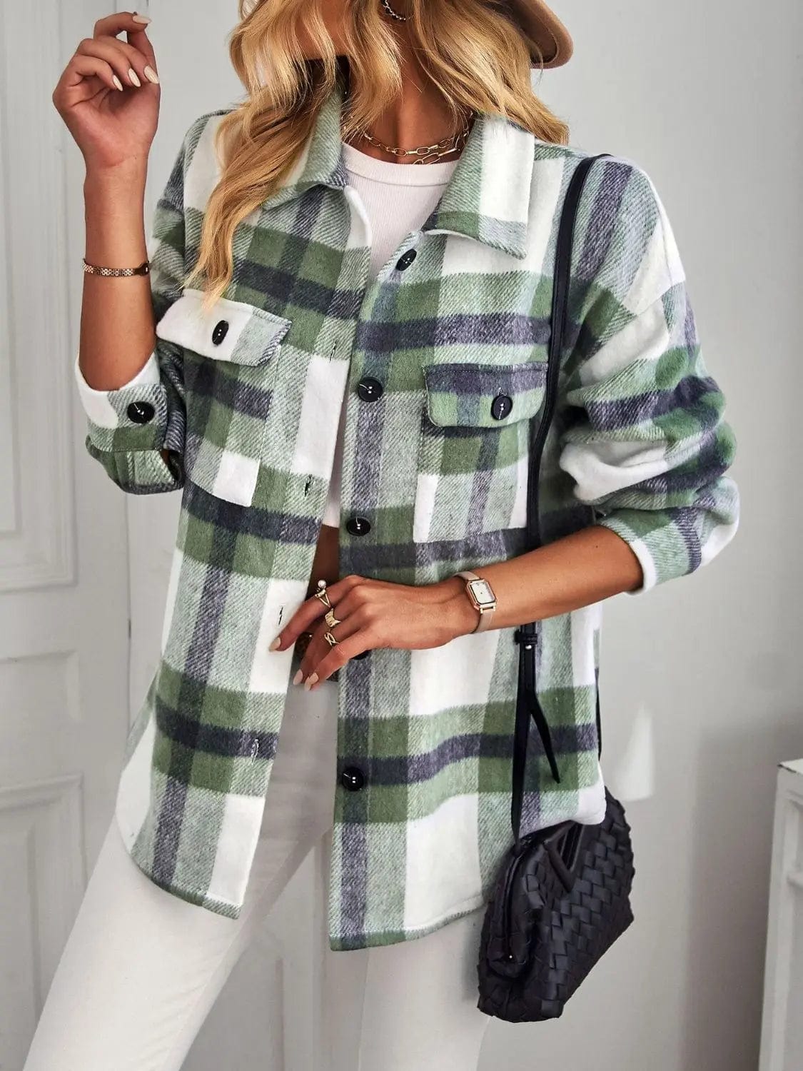 Plaid Button Front Brushed Shacket with Breast Pockets - CLASSY CLOSET BOUTIQUEPlaid Button Front Brushed Shacket with Breast Pocketstops100100461747212GreenS
