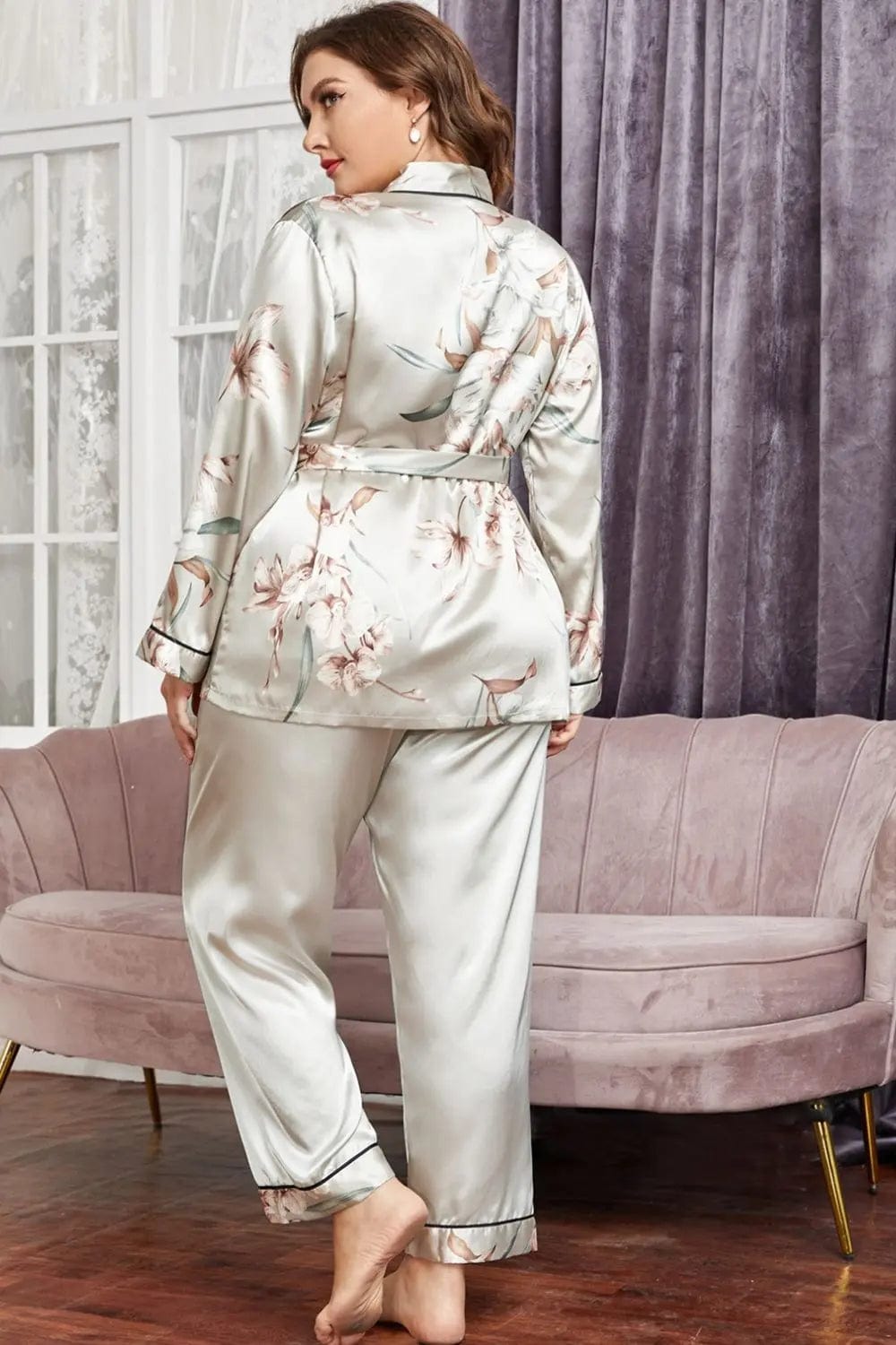 Plus Size Floral Belted Robe and Pants Pajama Set - CLASSY CLOSET BOUTIQUEPlus Size Floral Belted Robe and Pants Pajama Setloungewear plus100100798570216100100798570216Gray1XL
