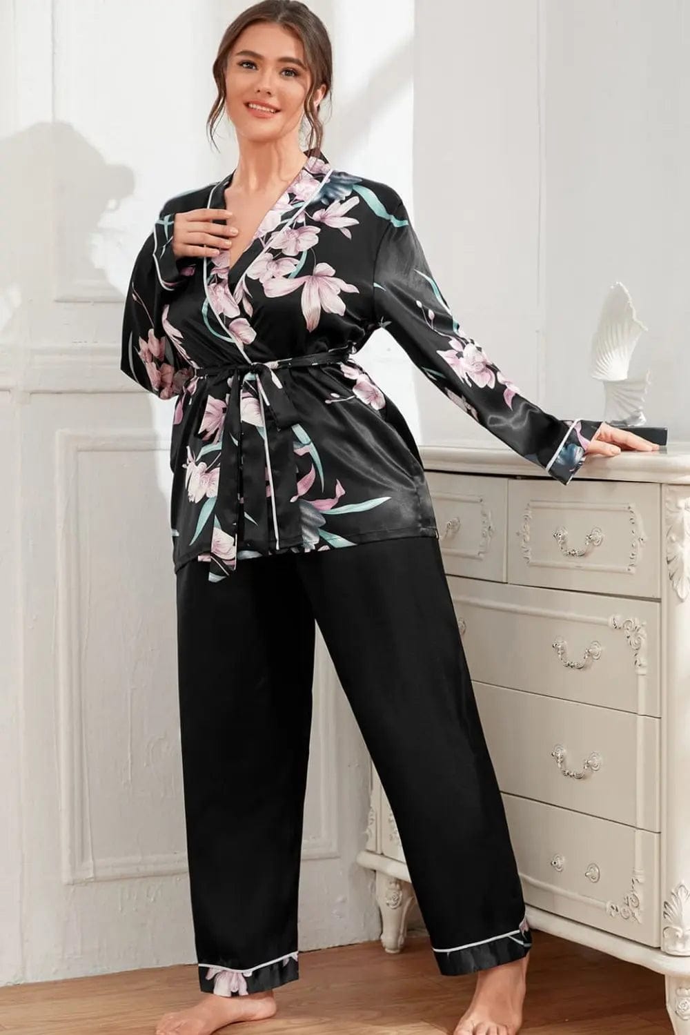 Plus Size Floral Belted Robe and Pants Pajama Set - CLASSY CLOSET BOUTIQUEPlus Size Floral Belted Robe and Pants Pajama Setloungewear plus100100798570977100100798570977Black1XL
