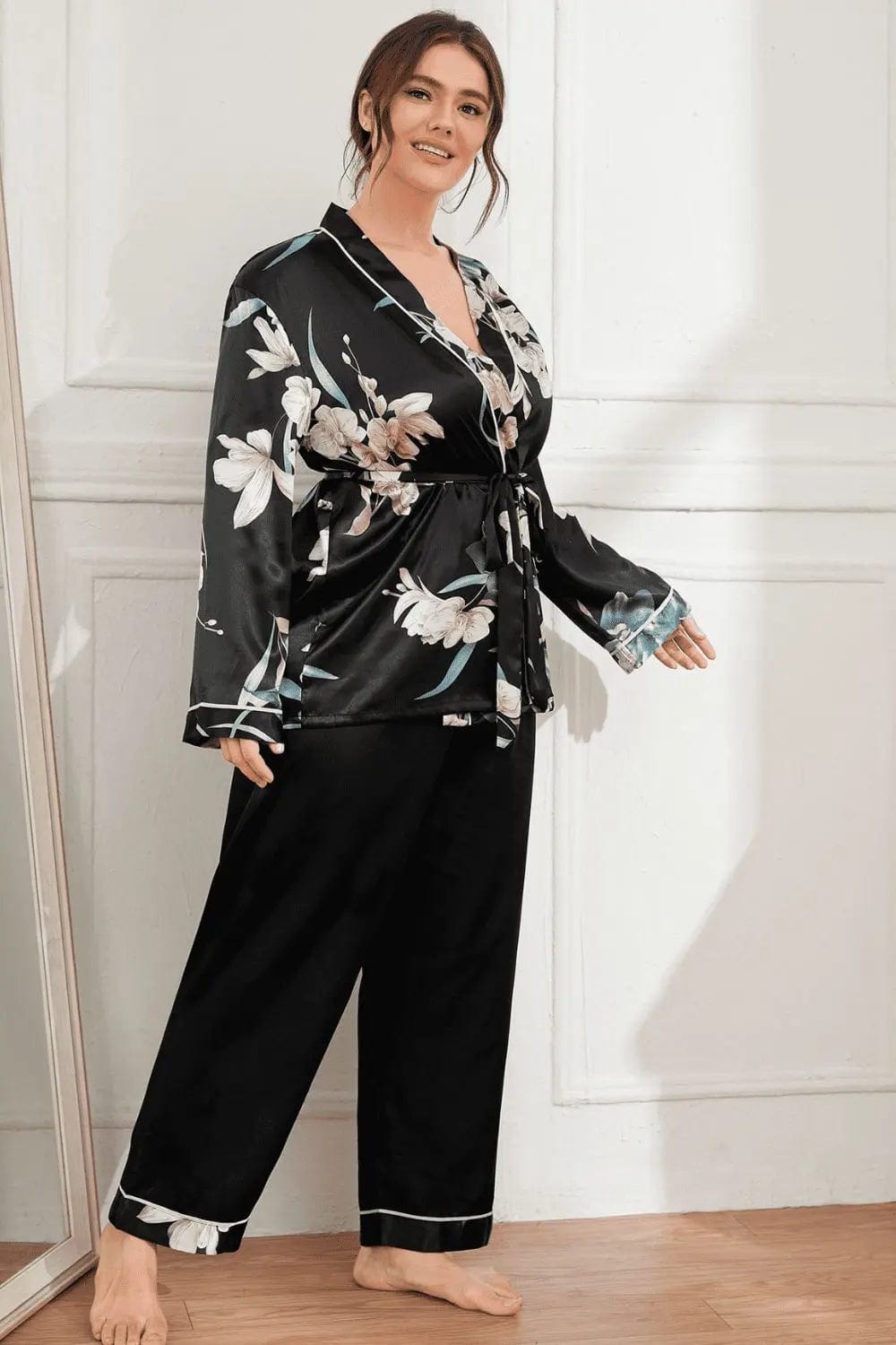 Plus Size Floral Belted Robe and Pants Pajama Set - CLASSY CLOSET BOUTIQUEPlus Size Floral Belted Robe and Pants Pajama Setloungewear plus100100798570977100100798570977Black1XL