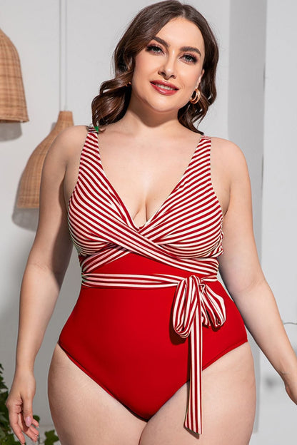 Plus Size Striped Tie-Waist One-Piece Swimsuit - CLASSY CLOSET BOUTIQUEPlus Size Striped Tie-Waist One-Piece Swimsuitswimwear100100870537890100100870537890RedL