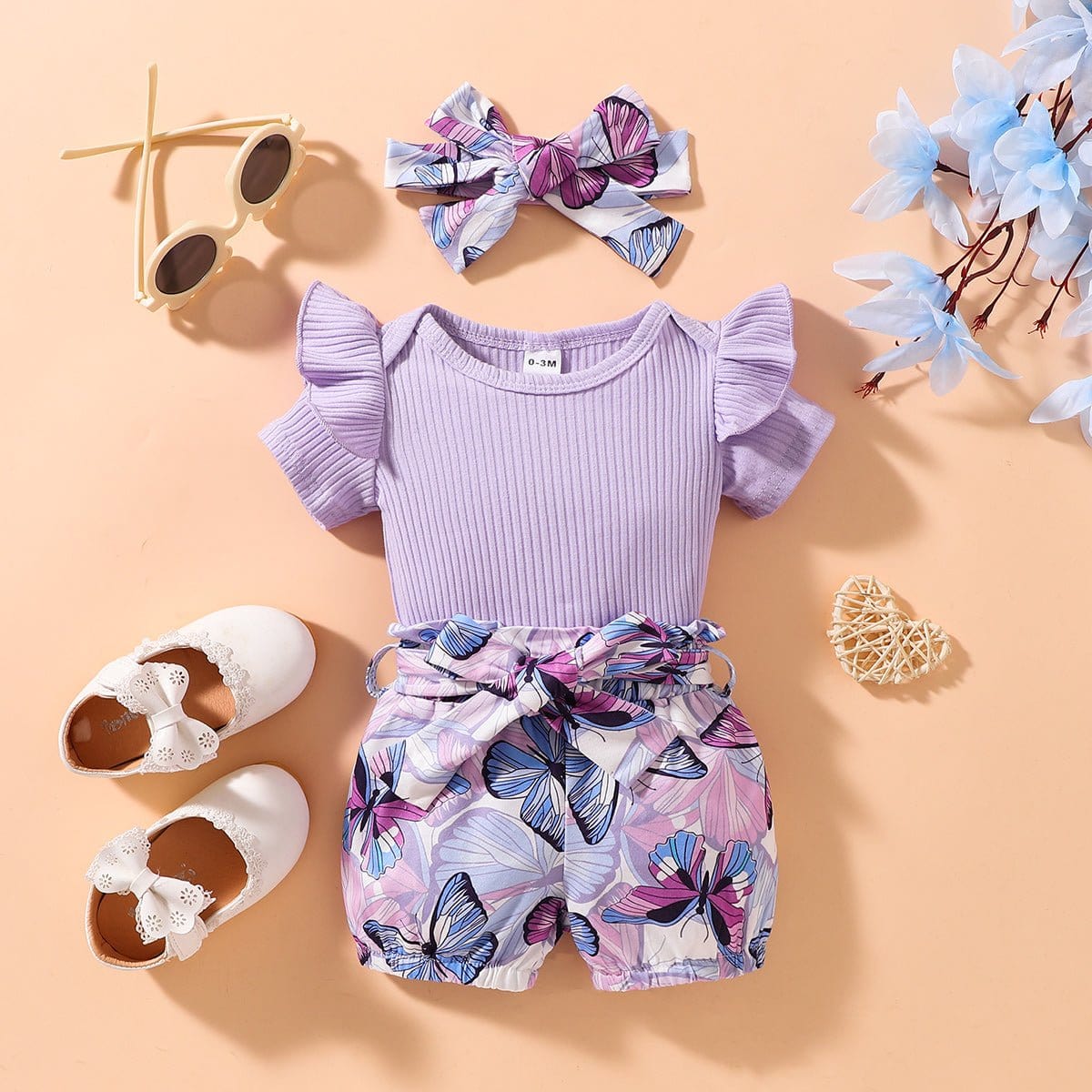Ribbed Ruffle Shoulder Bodysuit and Butterfly Print Shorts Set - CLASSY CLOSET BOUTIQUERibbed Ruffle Shoulder Bodysuit and Butterfly Print Shorts Set100900182306559100900182306559Lavender0-3M