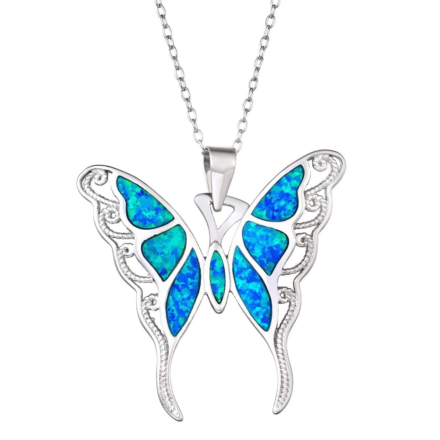 Sterling Silver Lab-Created Blue Opal Butterfly Pendant Necklace - CLASSY CLOSET BOUTIQUESterling Silver Lab-Created Blue Opal Butterfly Pendant Necklace3848831Sterling