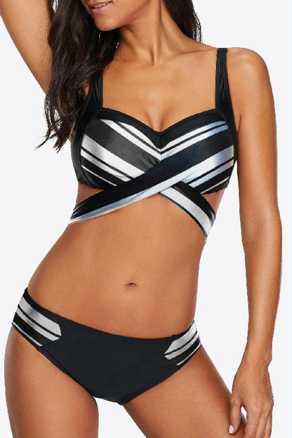 Striped Crisscross Tie-Back Bikini Set - CLASSY CLOSET BOUTIQUEStriped Crisscross Tie-Back Bikini Setswimsuit101000149574876101000149574876BlackM