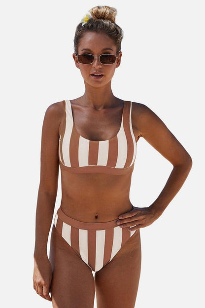 Striped Tank High Waist Bikini - CLASSY CLOSET BOUTIQUEStriped Tank High Waist BikiniswimwearLC411757-17-SLC411757-17-SBrownS