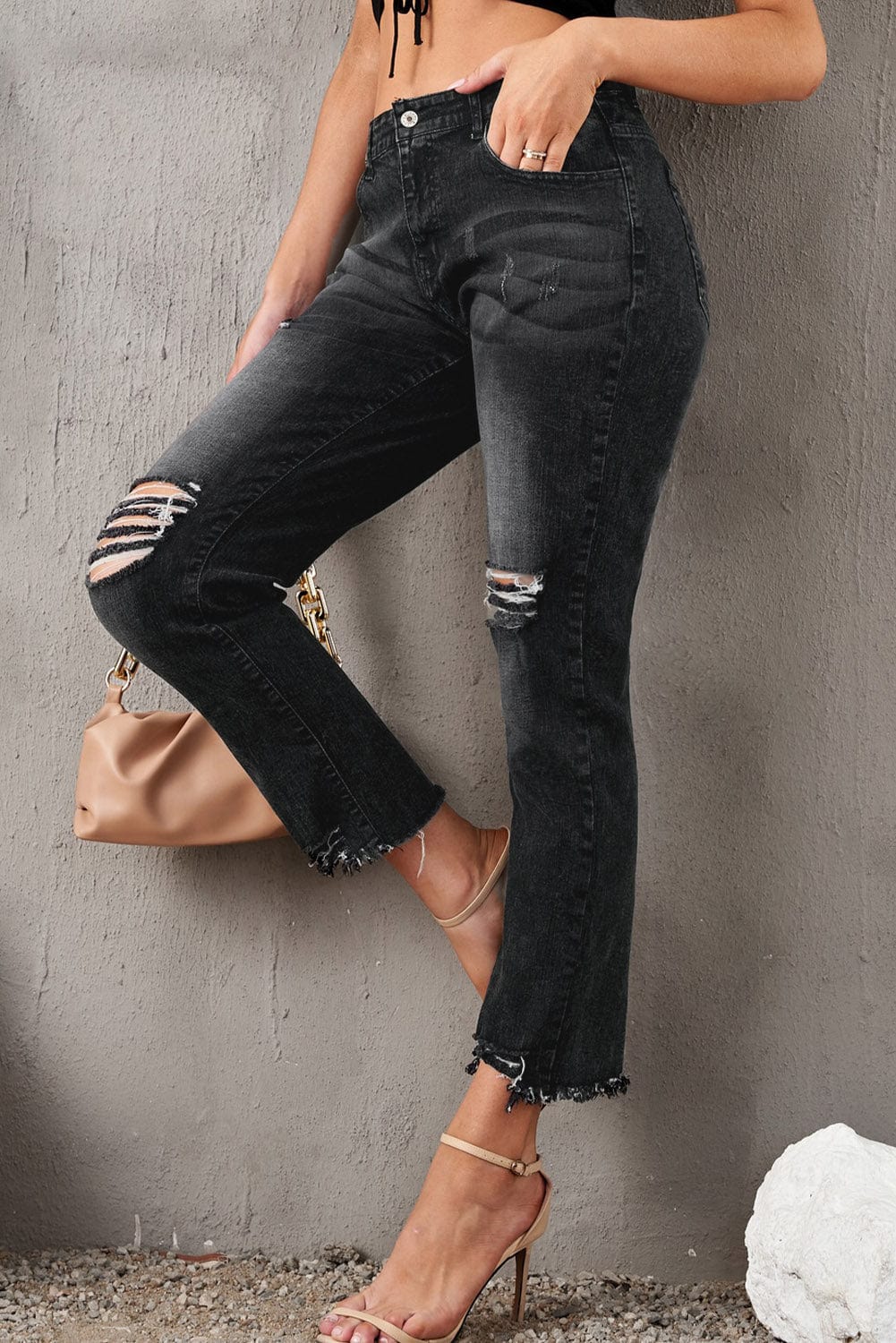 Stylish Distressed Cropped Jeans - CLASSY CLOSET BOUTIQUEStylish Distressed Cropped Jeanspants100100933583791100100933583791Black4