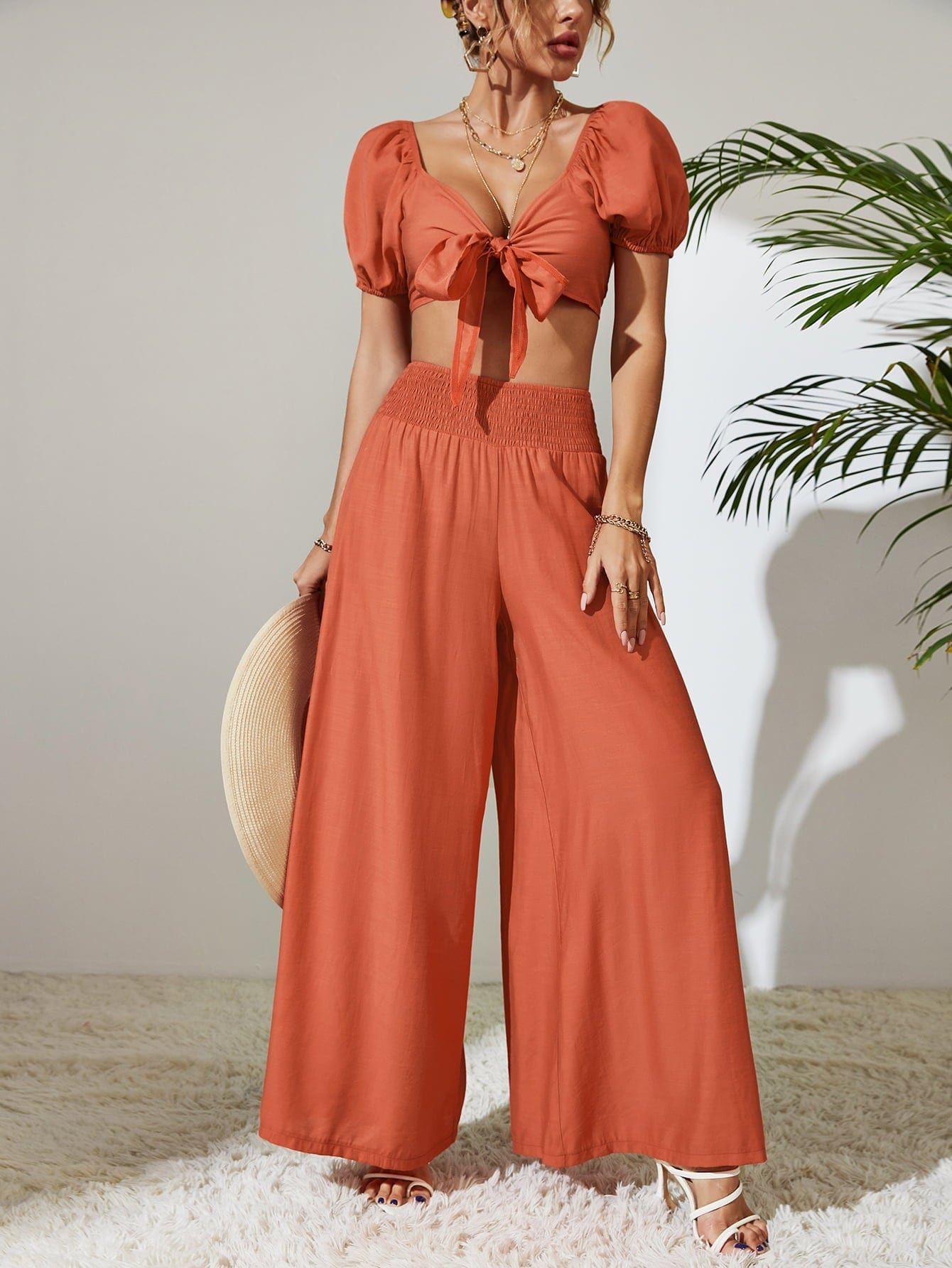 Tie Front Cropped Top and Smocked Wide Leg Pants Set - CLASSY CLOSET BOUTIQUETie Front Cropped Top and Smocked Wide Leg Pants Set2 piece set100101182608139100101182608139OrangeS