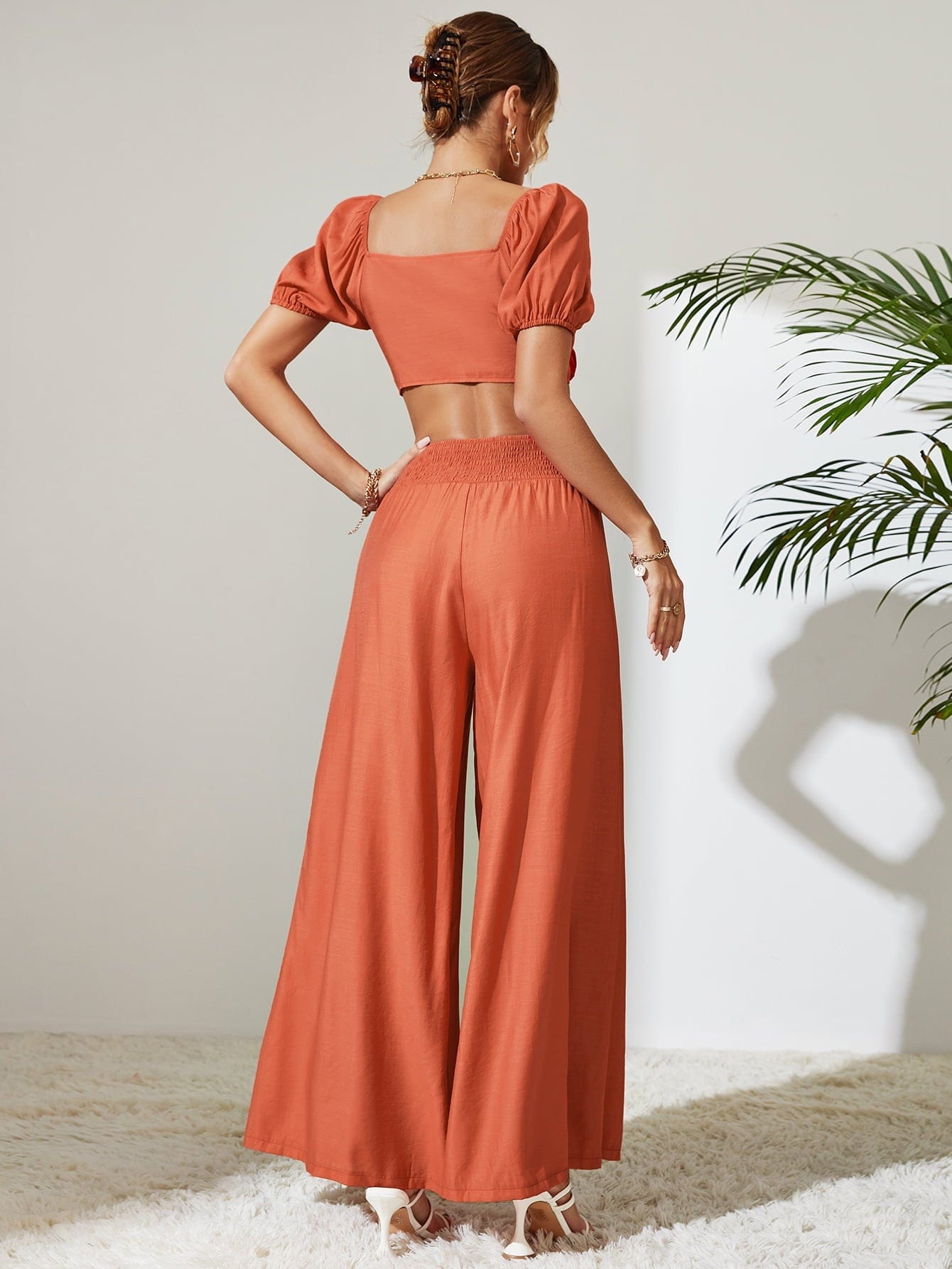Tie Front Cropped Top and Smocked Wide Leg Pants Set - CLASSY CLOSET BOUTIQUETie Front Cropped Top and Smocked Wide Leg Pants Set2 piece set100101182608139100101182608139OrangeS