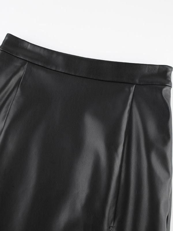 Women’s Solid Color Front Slit Faux Leather Midi Pencil Skirt - CLASSY CLOSET BOUTIQUEWomen’s Solid Color Front Slit Faux Leather Midi Pencil SkirtFSZW10795_A_S_NUBkhakiS